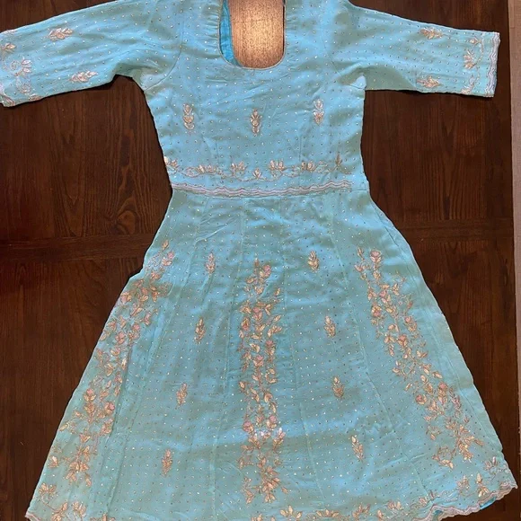 3pc Pink & Blue Indian Anarkali Suit With Salwaar - Picture 13 of 15